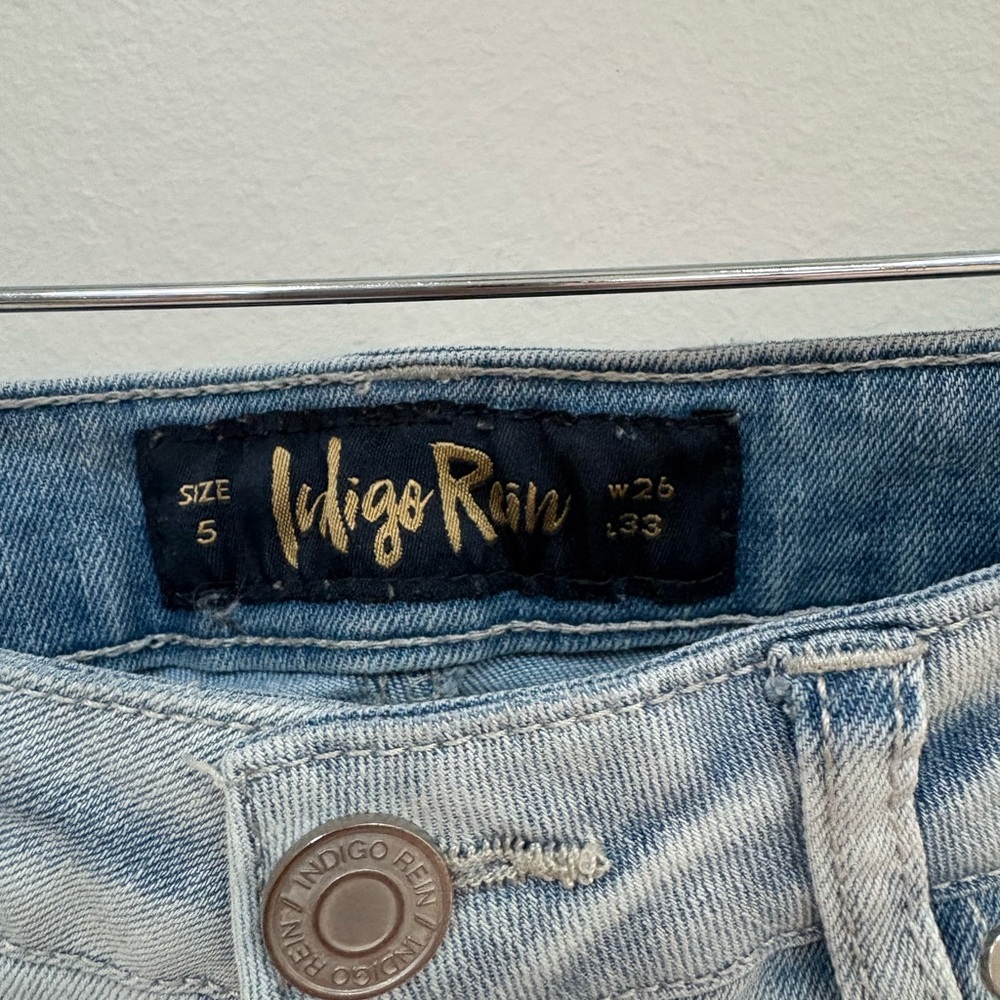 Indigo Rain bell bottoms with leather braided accent, size 5 - Picture 2 of 3